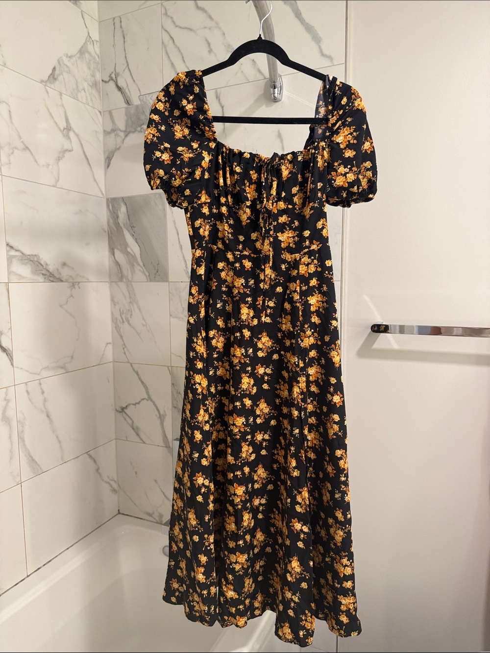 SHEIN Black Midi Dress with Yellow Floral Print and Puff Sleeves